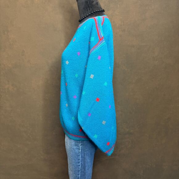 Vintage Jason Maxwell Sweater 80s Geometric Knit Turquoise Pullover Korea XL - Picture 4 of 9